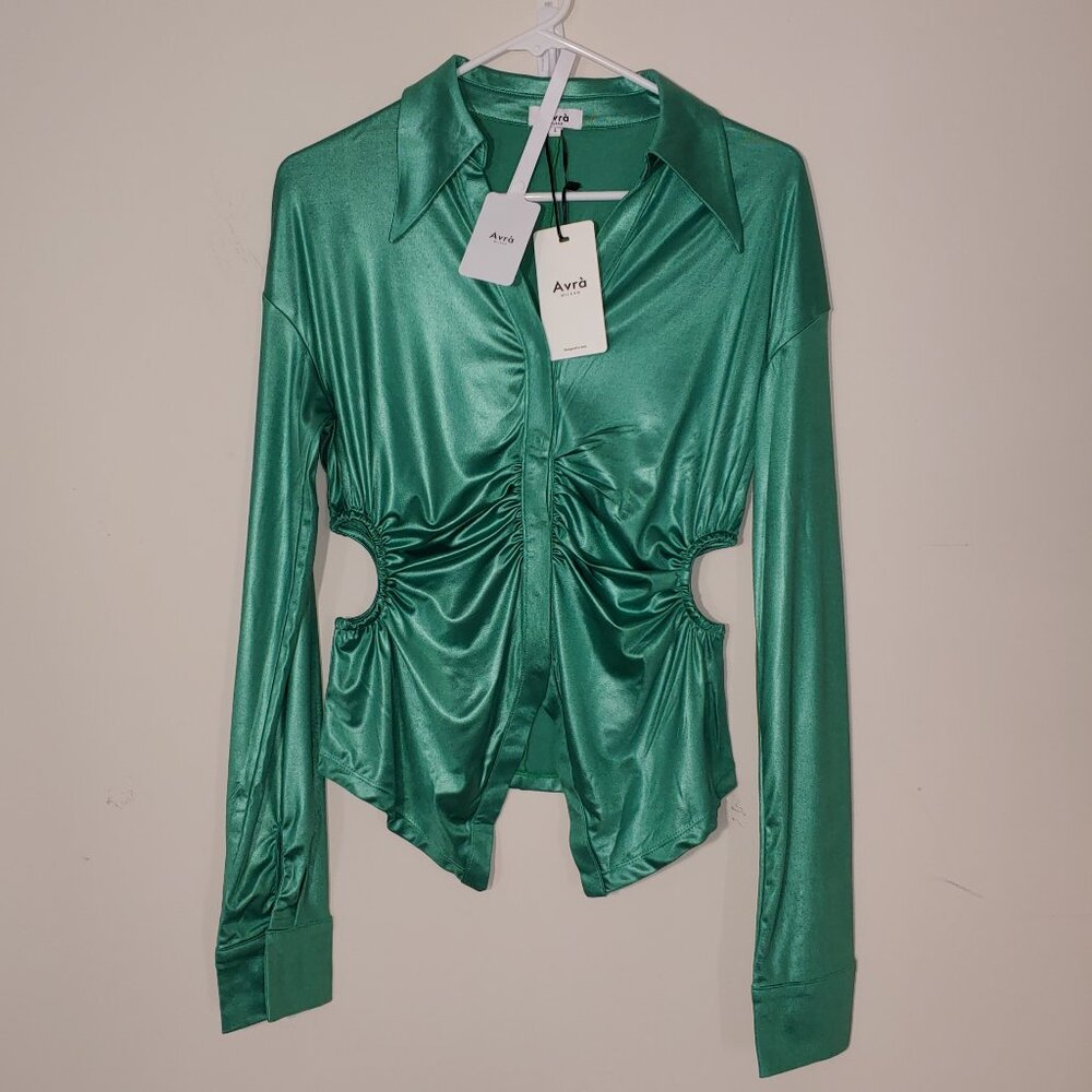 Avra Milano Melissa Collared V-Neck Long Sleeves Green Blouse Size L
